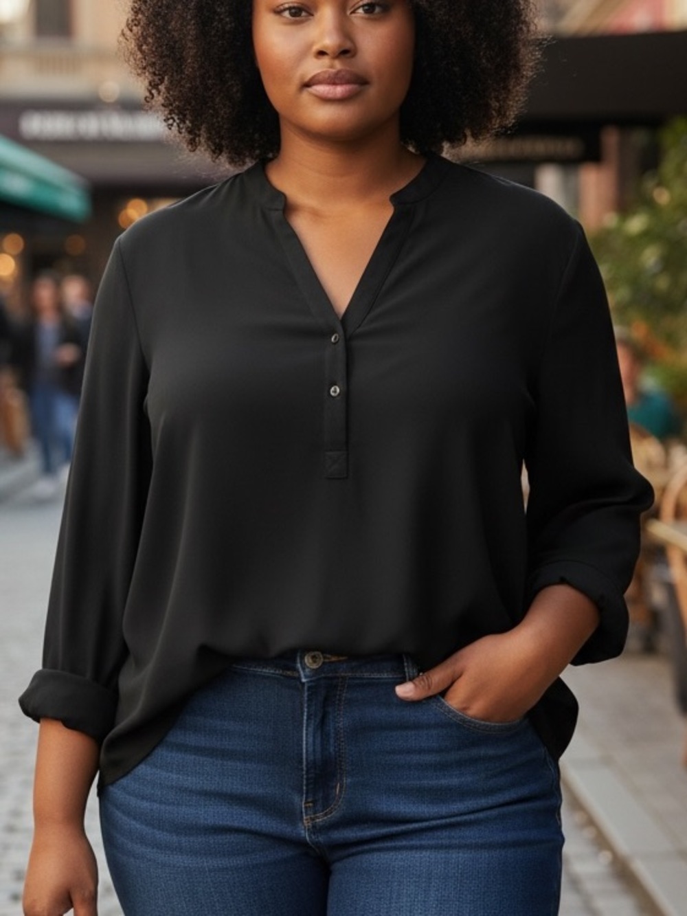 Uniqlo Black Split-Neck Roll-Sleeve Blouse